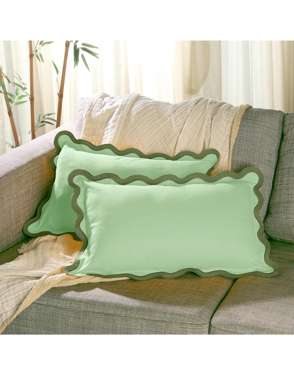 NEW Light Green Scalloped Edge Linen Decorative Pillow Shams Pair Fits 12" X 20"